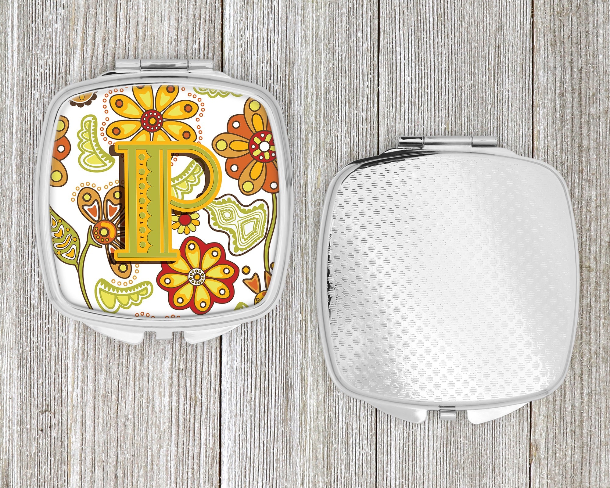 Letter P Floral Mustard and Green Compact Mirror Decorative Travel Makeup Mirror for Women Girls Gifts Pocket Makeup Mirror Folding Handheld