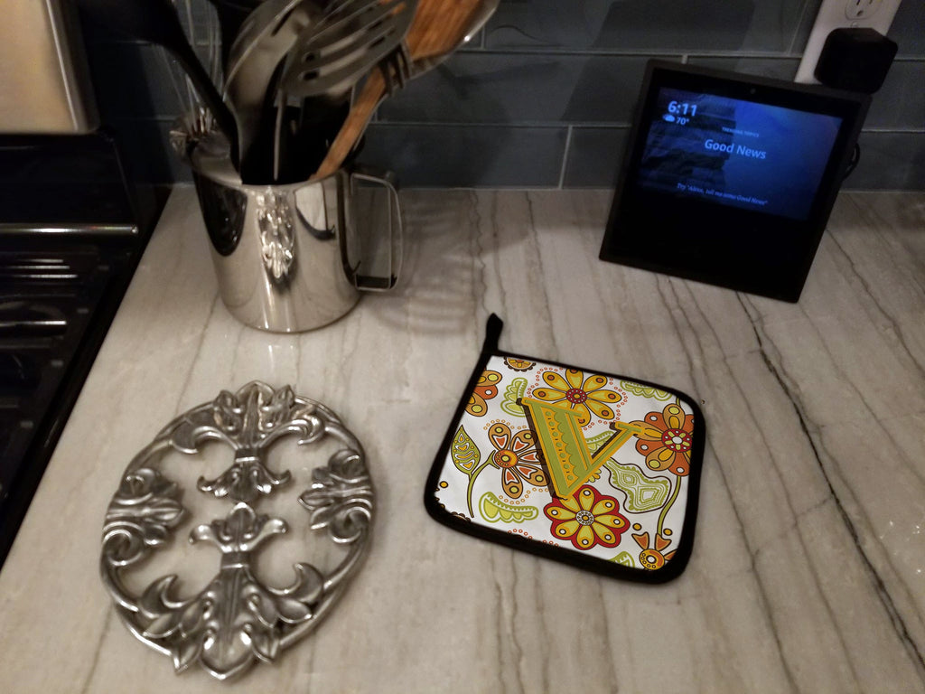 Letter V Floral Mustard and Green Pot Holder Set of 2 Heat Resistant Quilted Hot Pads 7.5 x 7.5 Inch, Insulated Kitchen Trivets for Cooking & Baking