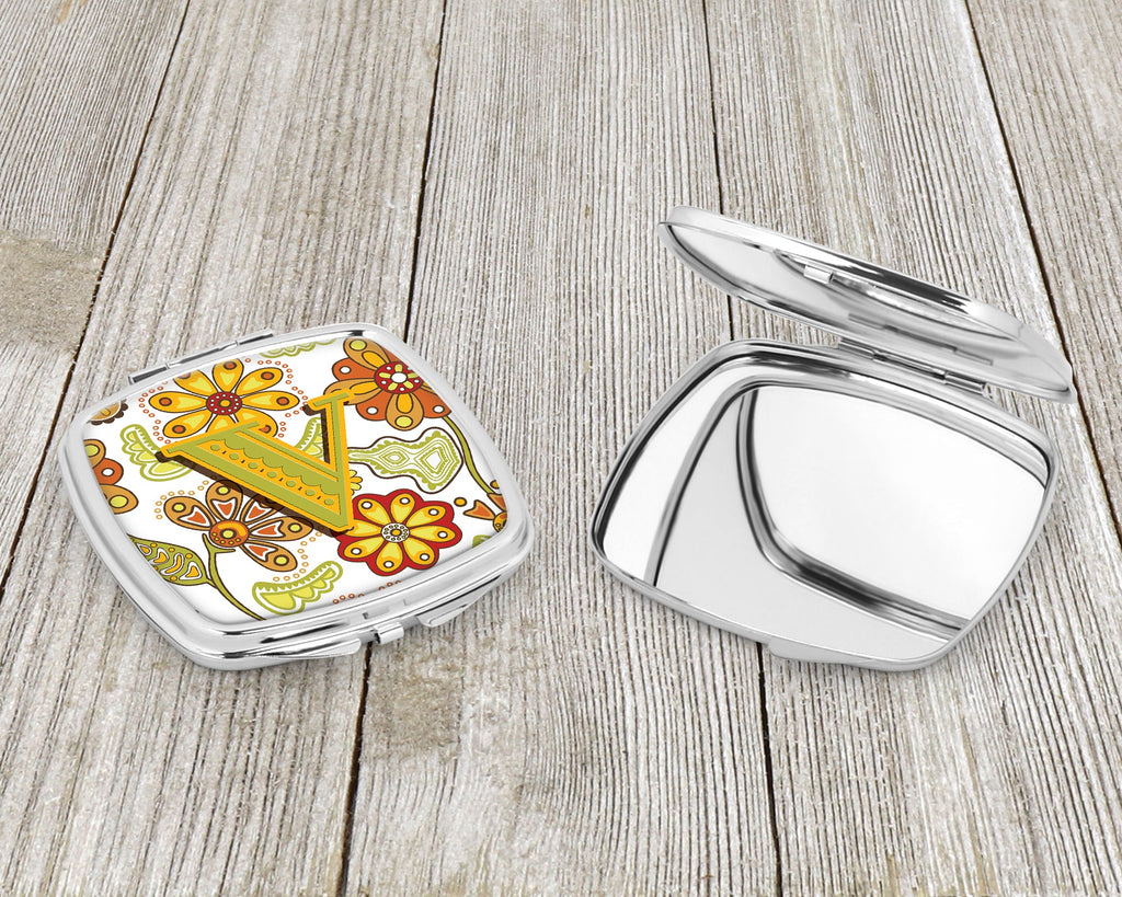 Letter V Floral Mustard and Green Compact Mirror Decorative Travel Makeup Mirror for Women Girls Gifts Pocket Makeup Mirror Folding Handheld