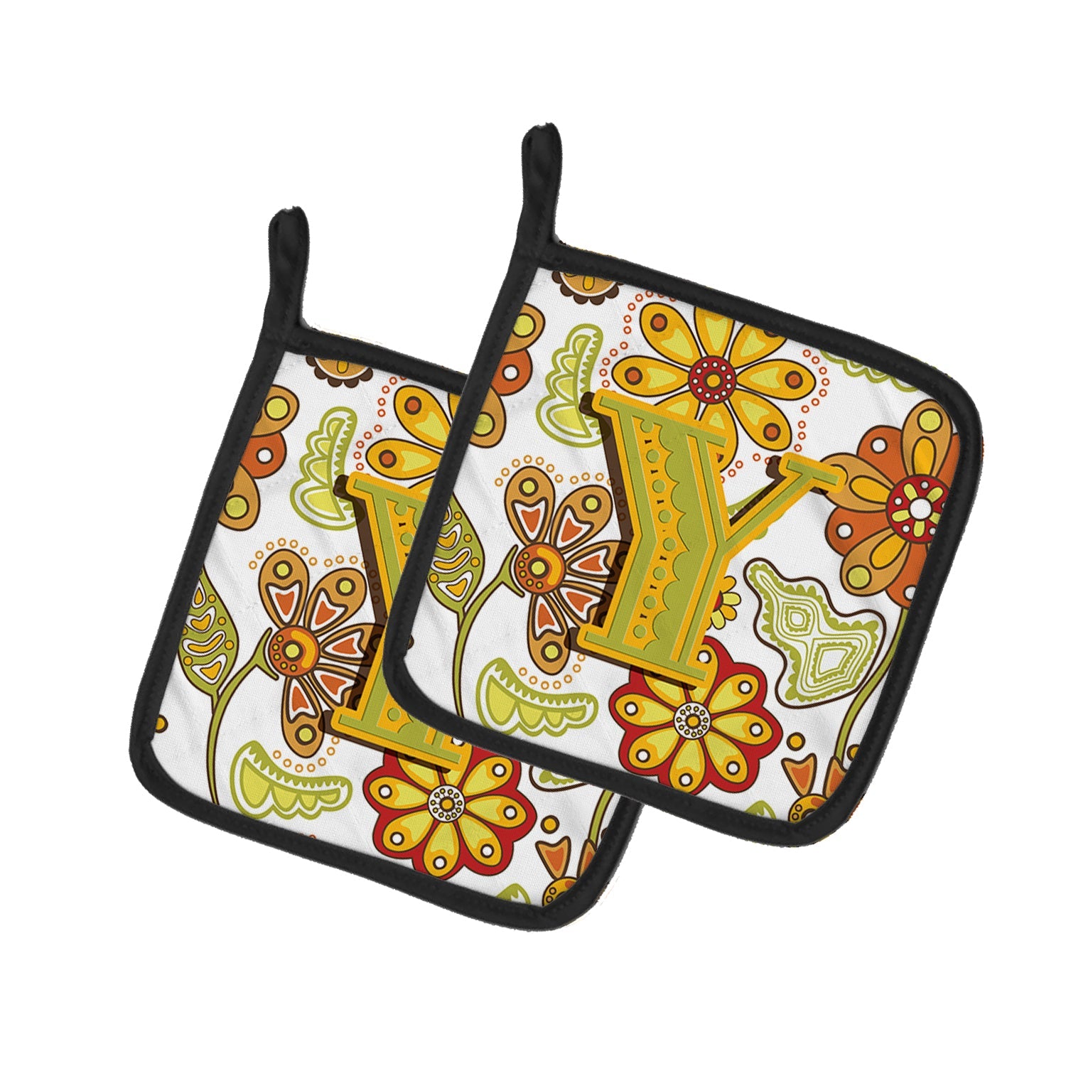 Letter Y Floral Mustard and Green Pot Holder Set of 2 Heat Resistant Quilted Hot Pads 7.5 x 7.5 Inch, Insulated Kitchen Trivets for Cooking & Baking
