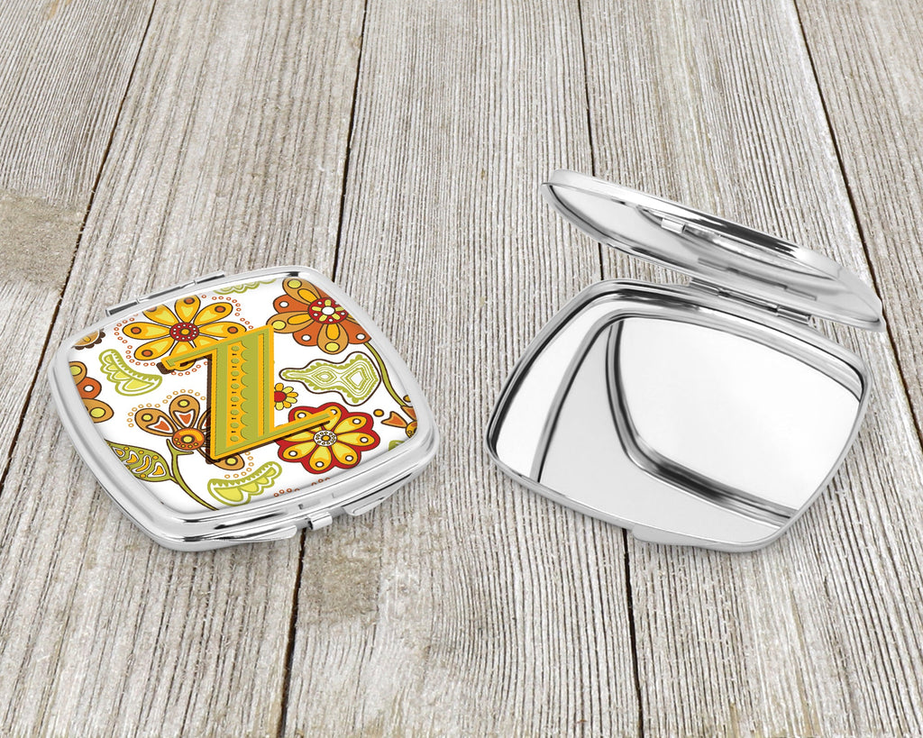 Letter Z Floral Mustard and Green Compact Mirror Decorative Travel Makeup Mirror for Women Girls Gifts Pocket Makeup Mirror Folding Handheld
