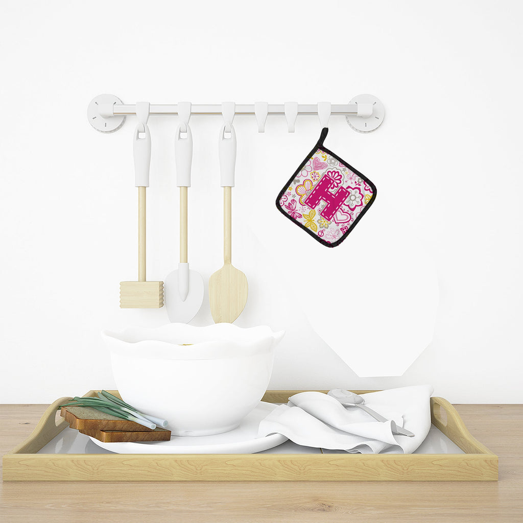 Letter H Flowers and Butterflies Pink Pot Holder Set of 2 Heat Resistant Quilted Hot Pads 7.5 x 7.5 Inch, Insulated Kitchen Trivets for Cooking & Baking