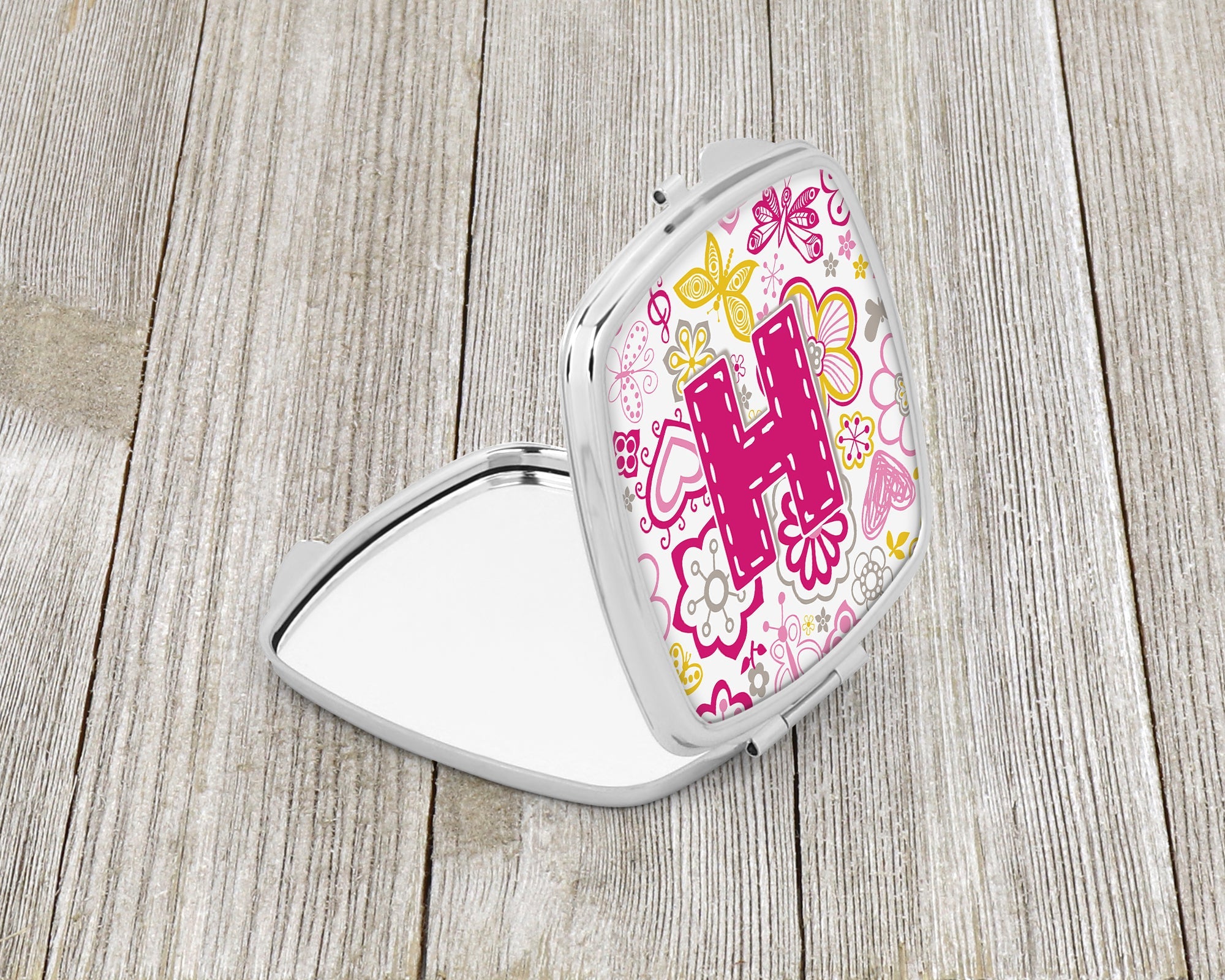 Letter H Flowers and Butterflies Pink Compact Mirror Decorative Travel Makeup Mirror for Women Girls Gifts Pocket Makeup Mirror Folding Handheld