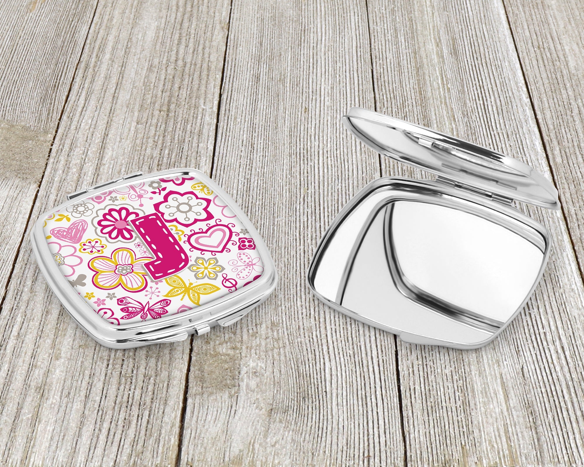 Letter J Flowers and Butterflies Pink Compact Mirror Decorative Travel Makeup Mirror for Women Girls Gifts Pocket Makeup Mirror Folding Handheld