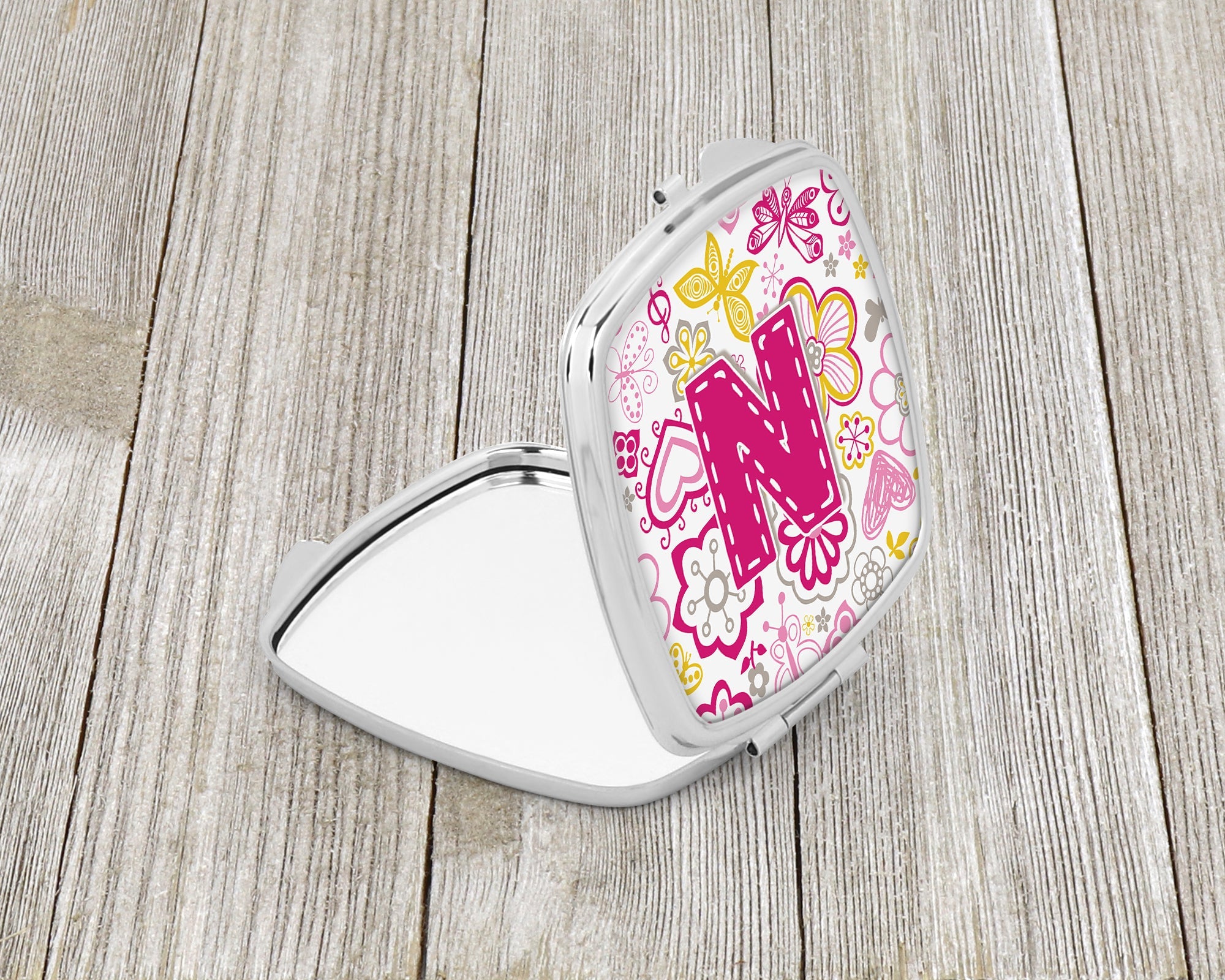 Letter N Flowers and Butterflies Pink Compact Mirror Decorative Travel Makeup Mirror for Women Girls Gifts Pocket Makeup Mirror Folding Handheld