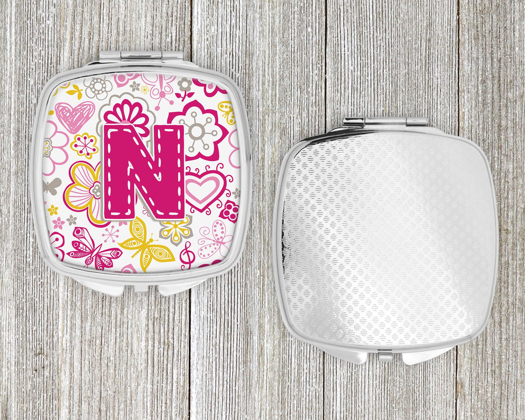 Letter N Flowers and Butterflies Pink Compact Mirror Decorative Travel Makeup Mirror for Women Girls Gifts Pocket Makeup Mirror Folding Handheld