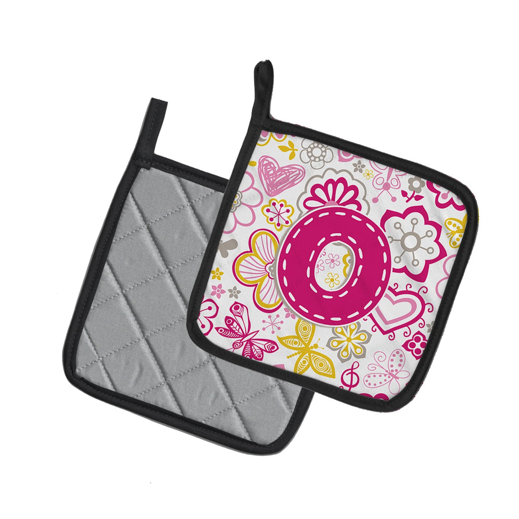 Letter O Flowers and Butterflies Pink Pot Holder Set of 2 Heat Resistant Quilted Hot Pads 7.5 x 7.5 Inch, Insulated Kitchen Trivets for Cooking & Baking