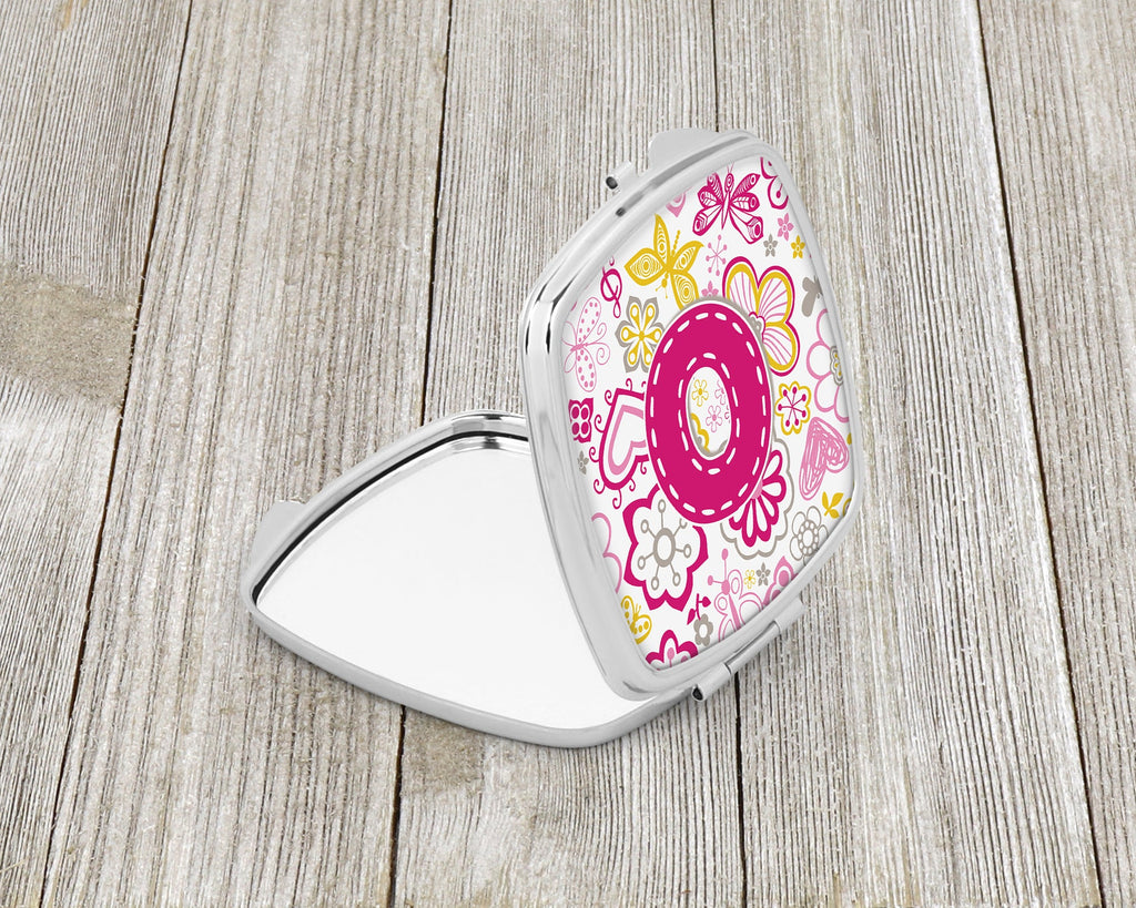 Letter O Flowers and Butterflies Pink Compact Mirror Decorative Travel Makeup Mirror for Women Girls Gifts Pocket Makeup Mirror Folding Handheld
