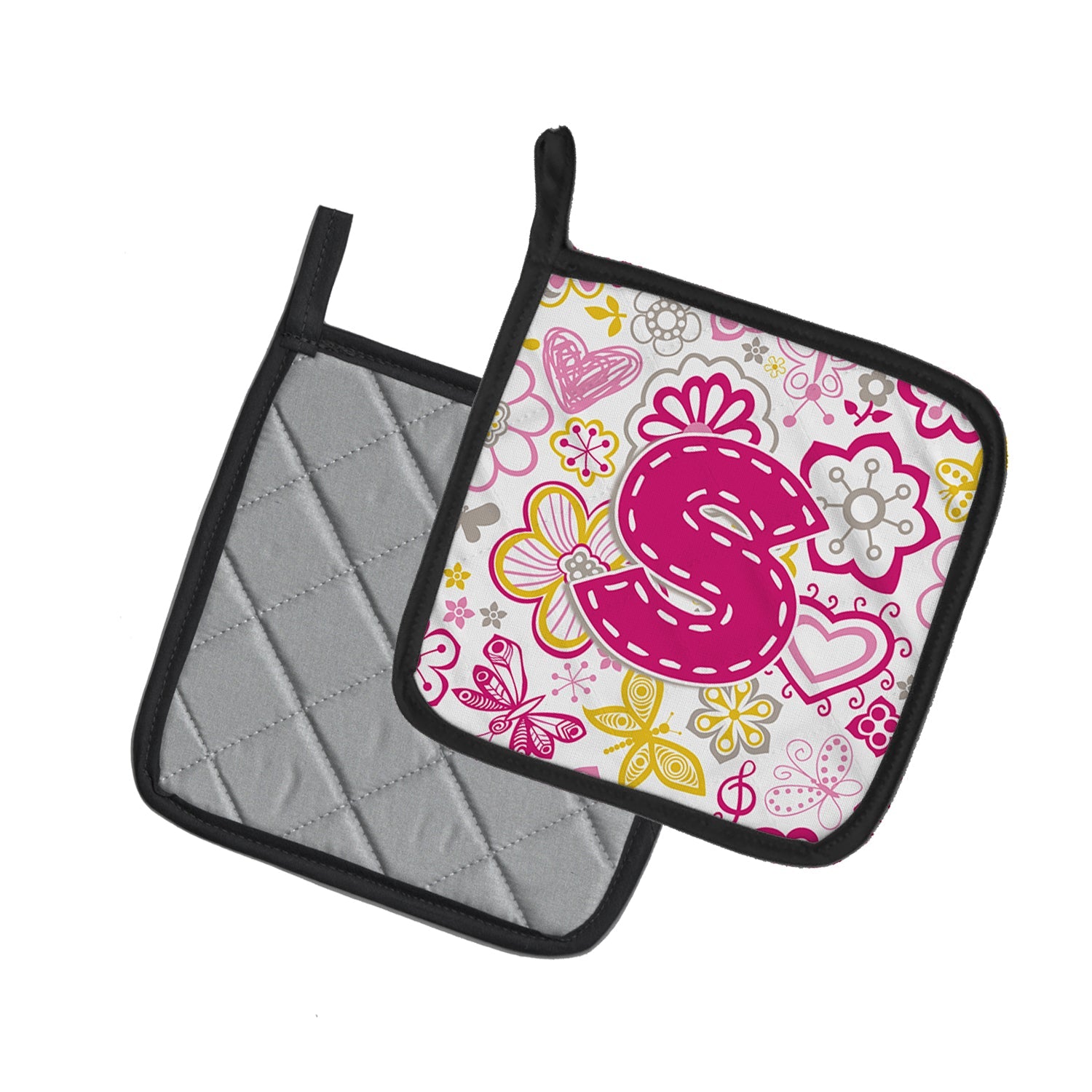 Letter S Flowers and Butterflies Pink Pot Holder Set of 2 Heat Resistant Quilted Hot Pads 7.5 x 7.5 Inch, Insulated Kitchen Trivets for Cooking & Baking