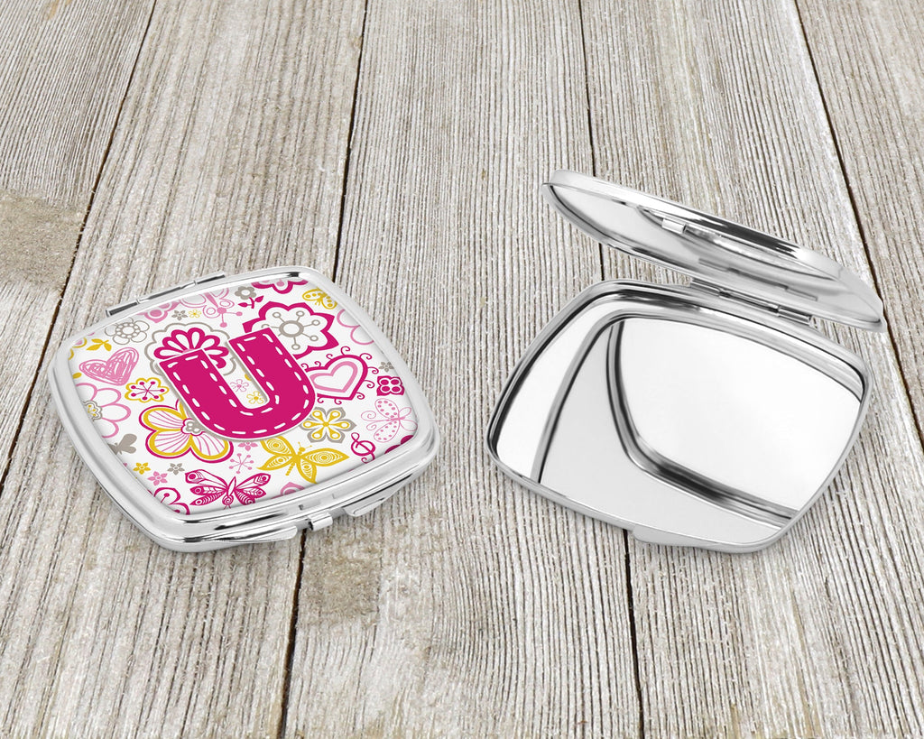 Letter U Flowers and Butterflies Pink Compact Mirror Decorative Travel Makeup Mirror for Women Girls Gifts Pocket Makeup Mirror Folding Handheld