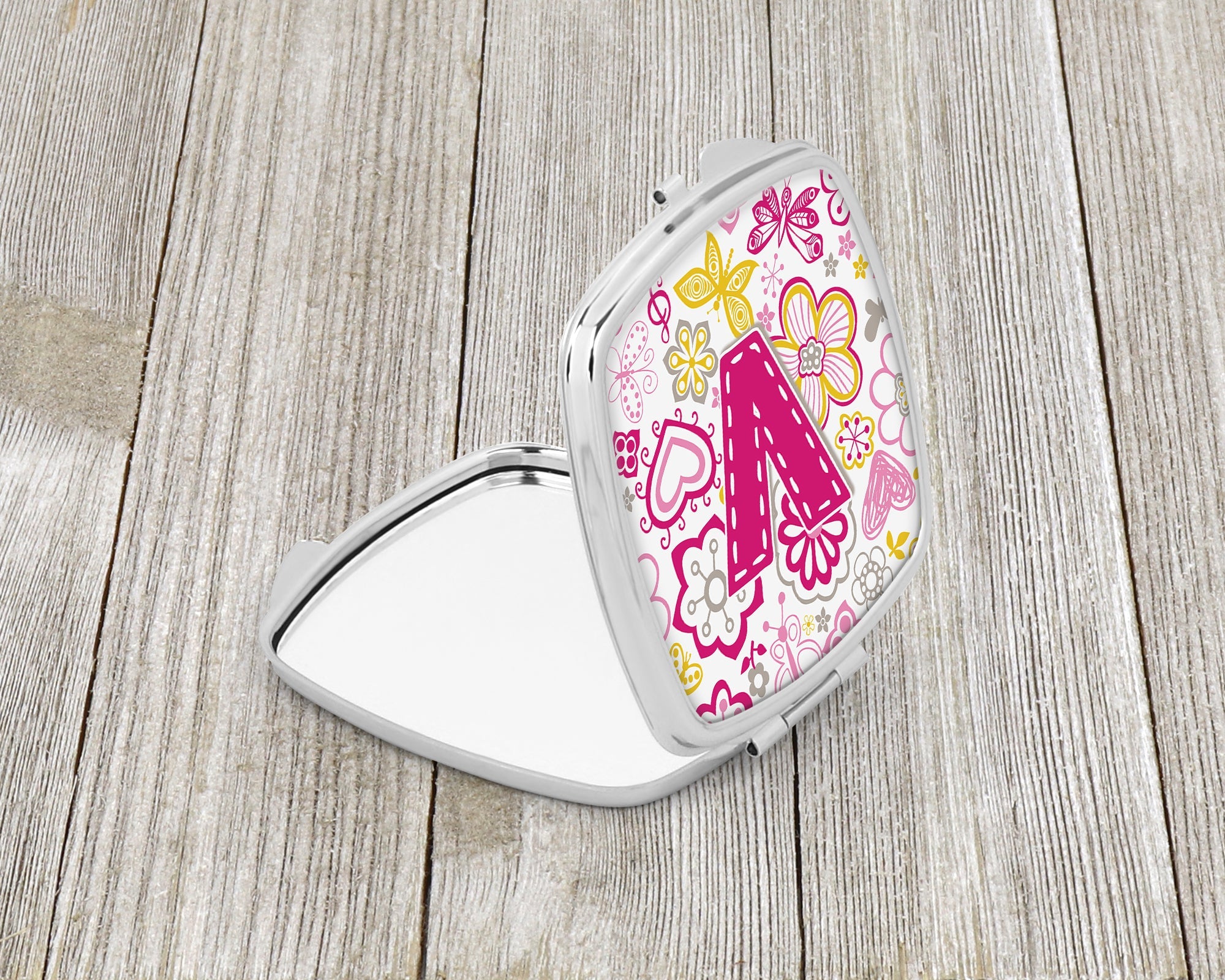 Letter V Flowers and Butterflies Pink Compact Mirror Decorative Travel Makeup Mirror for Women Girls Gifts Pocket Makeup Mirror Folding Handheld