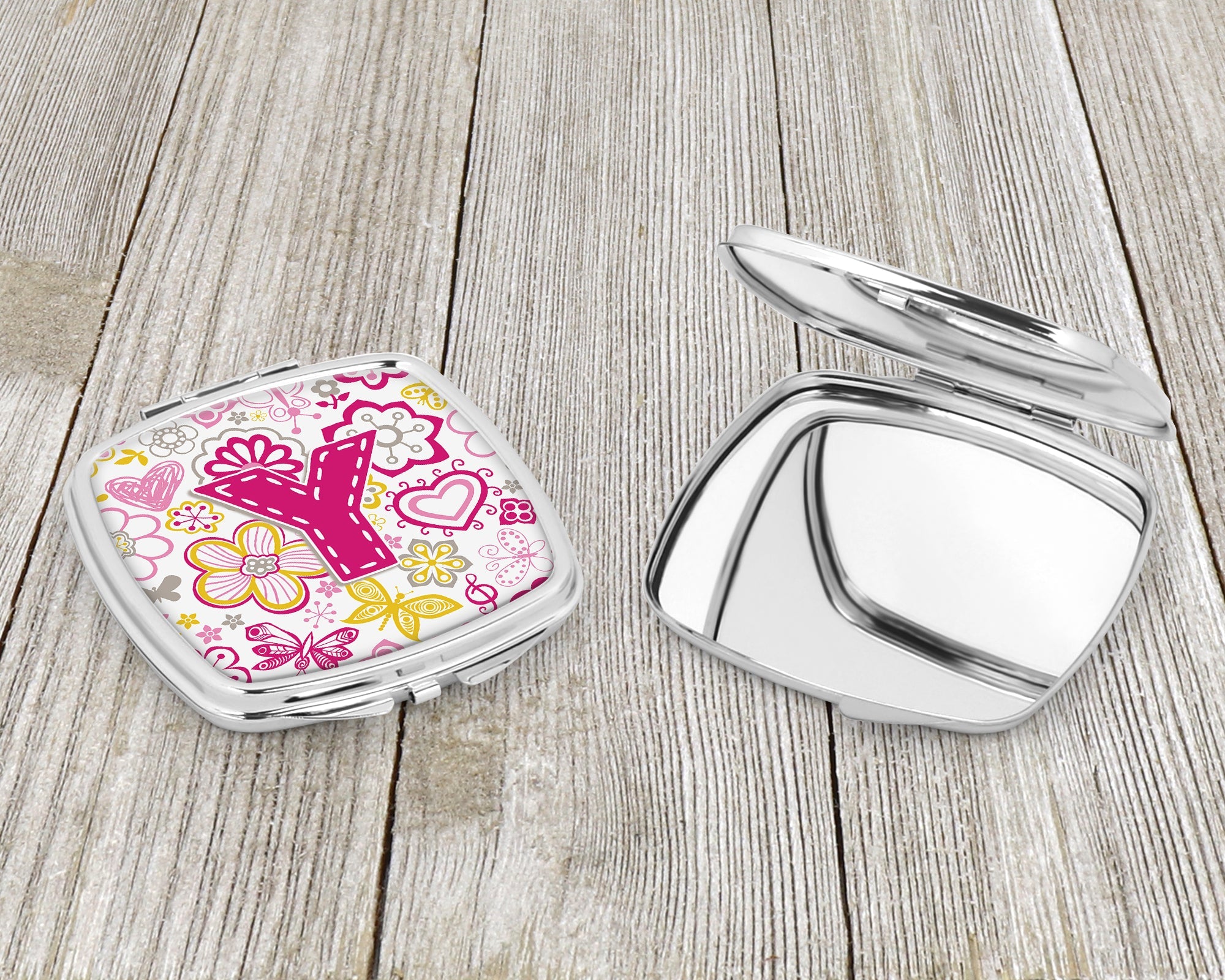 Letter Y Flowers and Butterflies Pink Compact Mirror Decorative Travel Makeup Mirror for Women Girls Gifts Pocket Makeup Mirror Folding Handheld