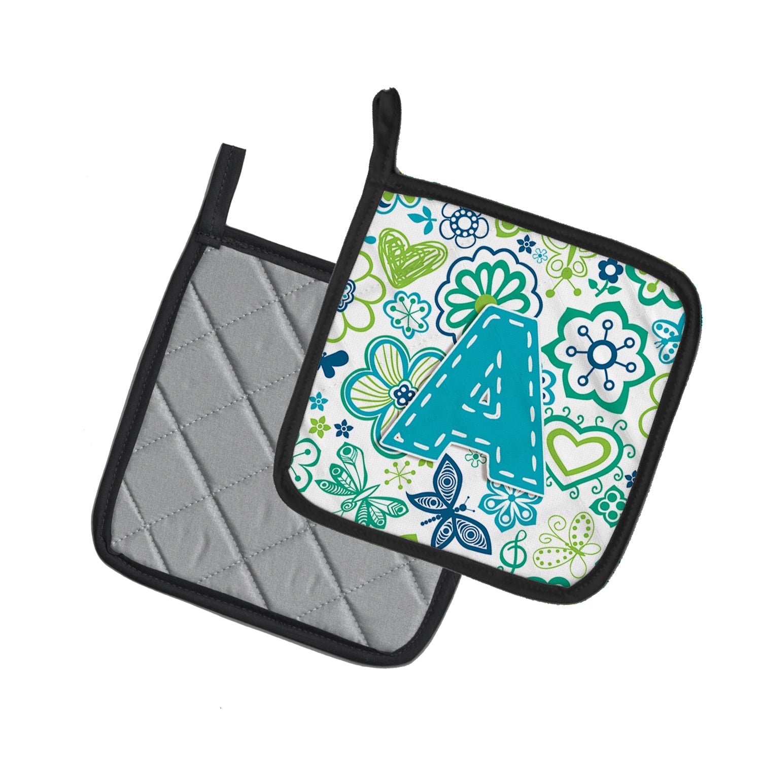 Letter A Flowers and Butterflies Teal Blue Pot Holder Set of 2 Heat Resistant Quilted Hot Pads 7.5 x 7.5 Inch, Insulated Kitchen Trivets for Cooking & Baking