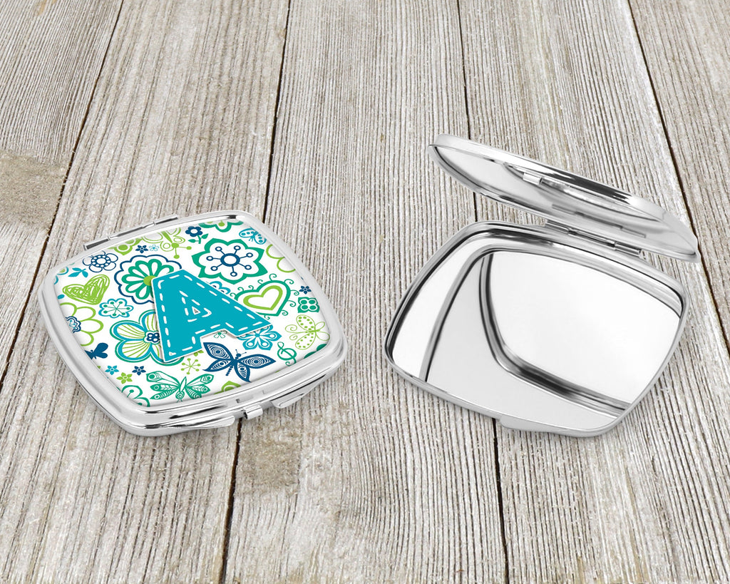 Letter A Flowers and Butterflies Teal Blue Compact Mirror Decorative Travel Makeup Mirror for Women Girls Gifts Pocket Makeup Mirror Folding Handheld