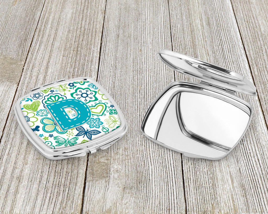 Letter D Flowers and Butterflies Teal Blue Compact Mirror Decorative Travel Makeup Mirror for Women Girls Gifts Pocket Makeup Mirror Folding Handheld