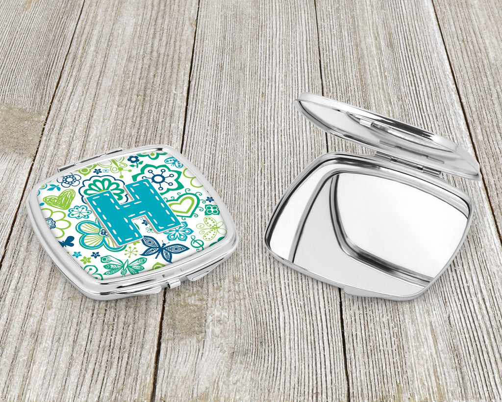 Letter H Flowers and Butterflies Teal Blue Compact Mirror Decorative Travel Makeup Mirror for Women Girls Gifts Pocket Makeup Mirror Folding Handheld