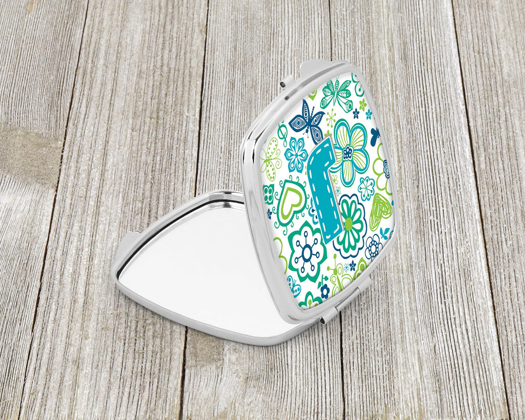 Letter J Flowers and Butterflies Teal Blue Compact Mirror Decorative Travel Makeup Mirror for Women Girls Gifts Pocket Makeup Mirror Folding Handheld