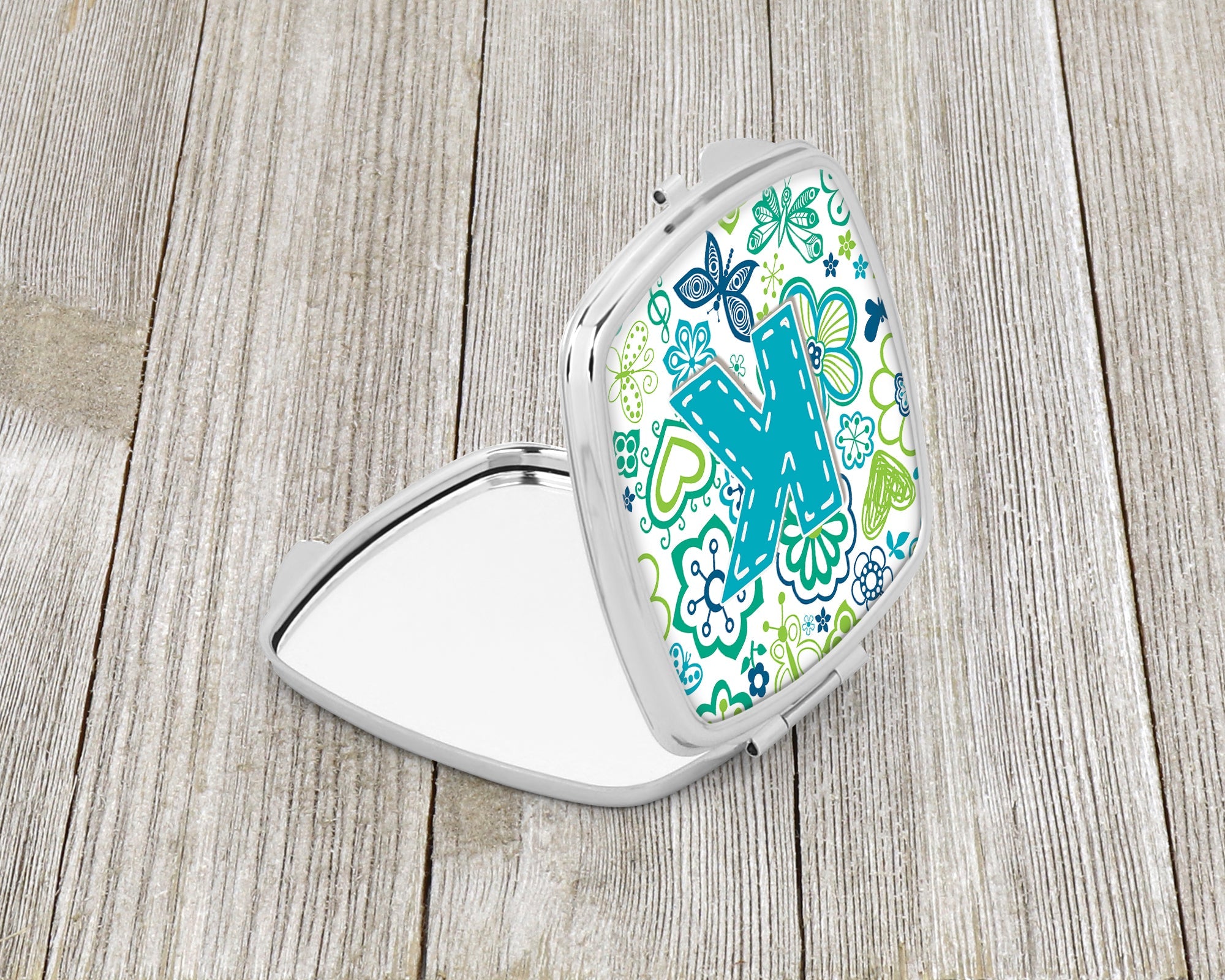 Letter K Flowers and Butterflies Teal Blue Compact Mirror Decorative Travel Makeup Mirror for Women Girls Gifts Pocket Makeup Mirror Folding Handheld