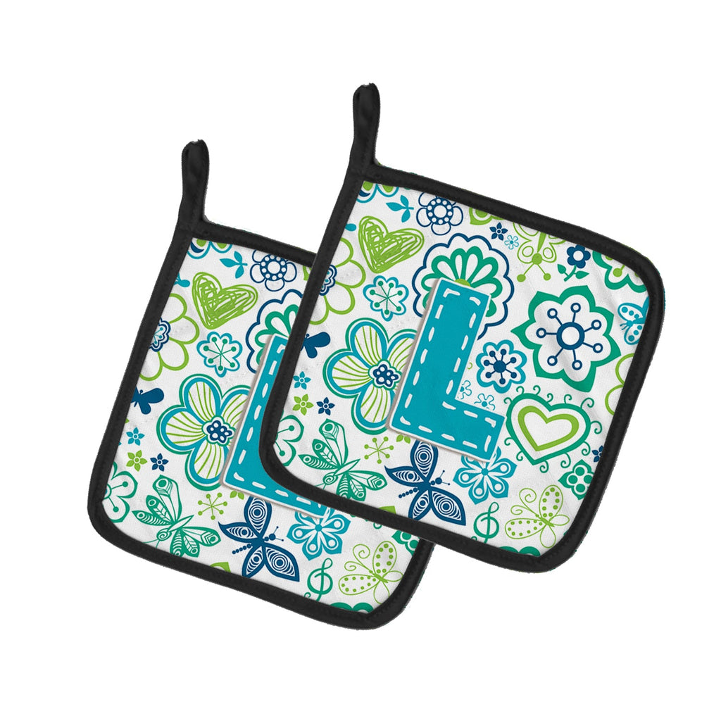 Letter L Flowers and Butterflies Teal Blue Pot Holder Set of 2 Heat Resistant Quilted Hot Pads 7.5 x 7.5 Inch, Insulated Kitchen Trivets for Cooking & Baking