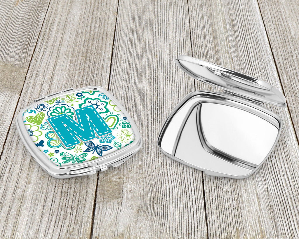 Letter M Flowers and Butterflies Teal Blue Compact Mirror Decorative Travel Makeup Mirror for Women Girls Gifts Pocket Makeup Mirror Folding Handheld