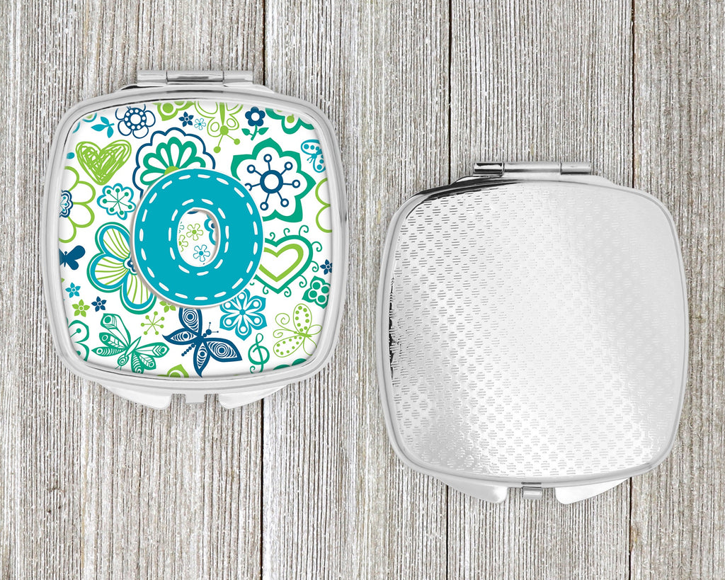 Letter O Flowers and Butterflies Teal Blue Compact Mirror Decorative Travel Makeup Mirror for Women Girls Gifts Pocket Makeup Mirror Folding Handheld