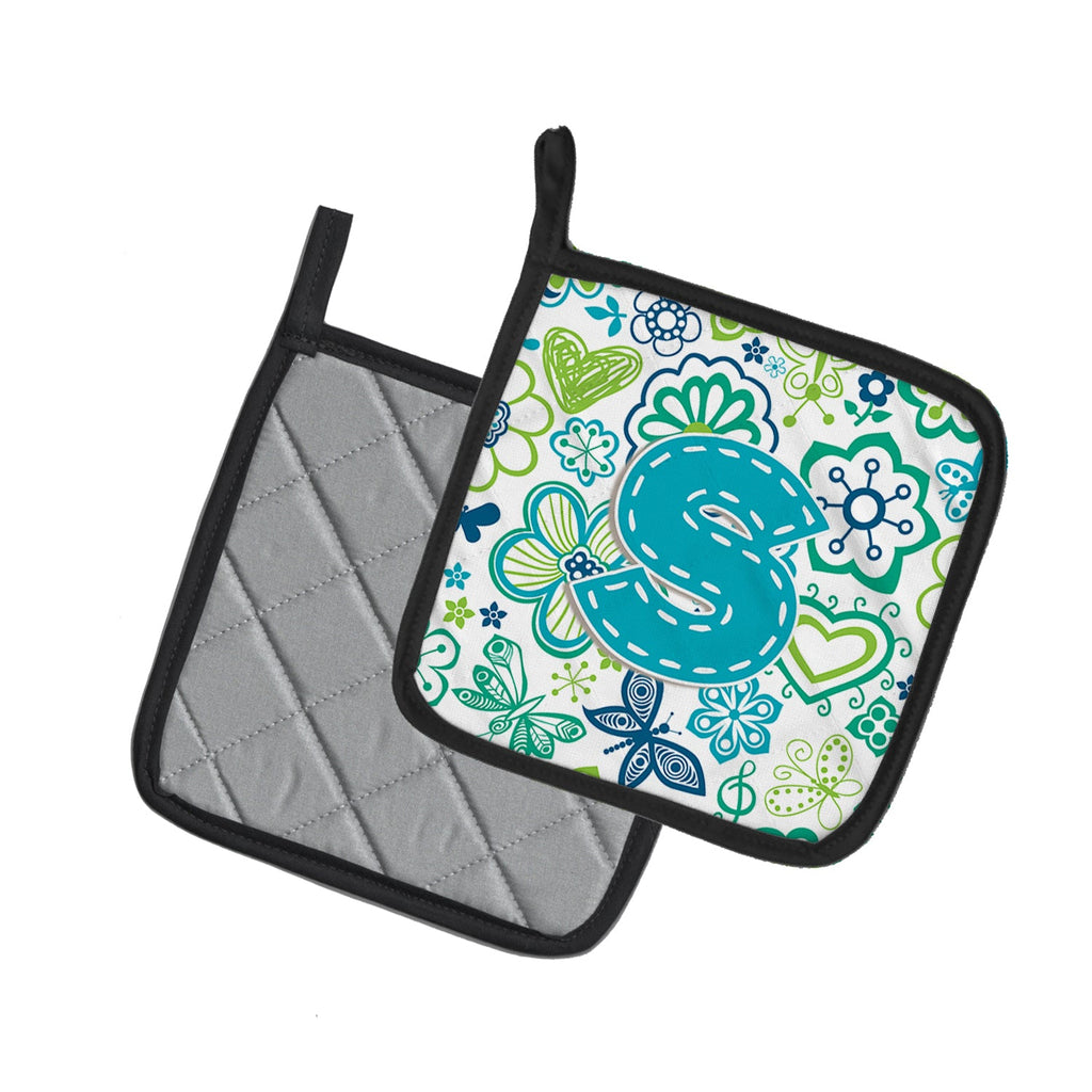 Letter S Flowers and Butterflies Teal Blue Pot Holder Set of 2 Heat Resistant Quilted Hot Pads 7.5 x 7.5 Inch, Insulated Kitchen Trivets for Cooking & Baking