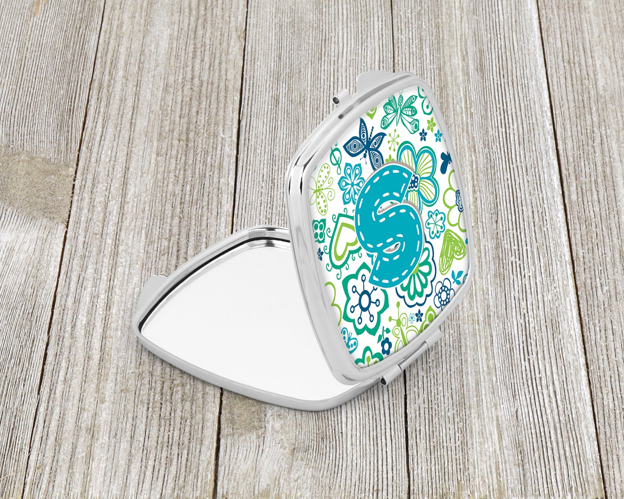 Letter S Flowers and Butterflies Teal Blue Compact Mirror Decorative Travel Makeup Mirror for Women Girls Gifts Pocket Makeup Mirror Folding Handheld