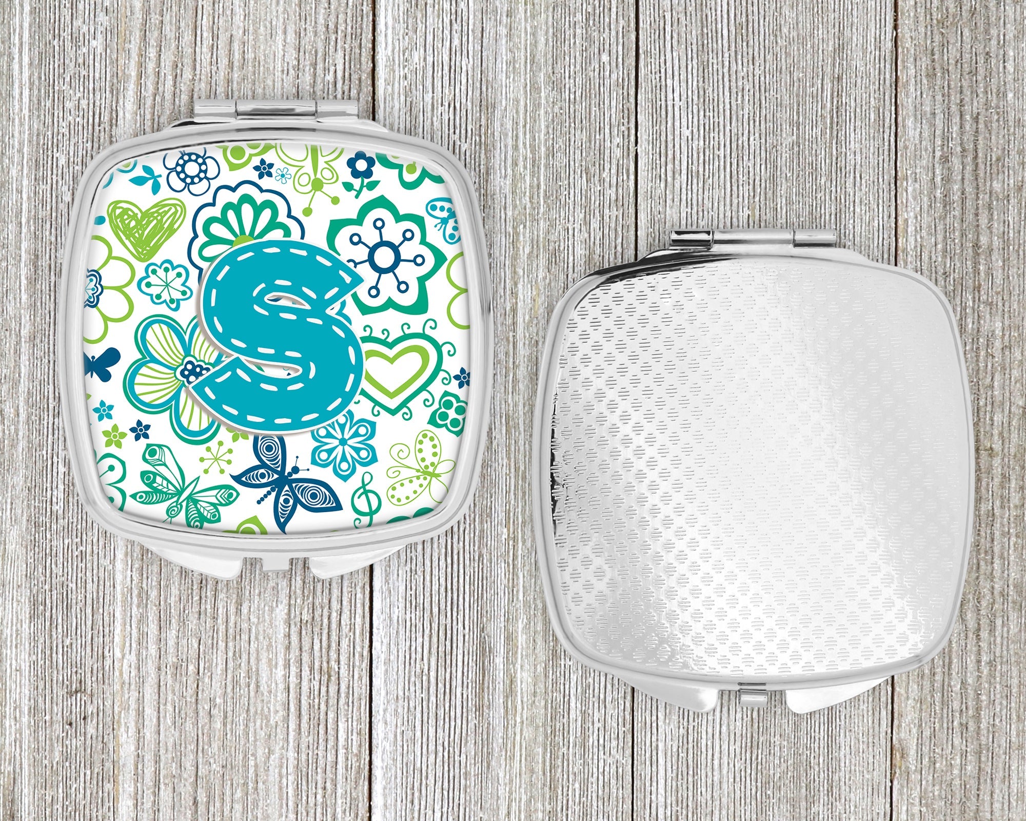 Letter S Flowers and Butterflies Teal Blue Compact Mirror Decorative Travel Makeup Mirror for Women Girls Gifts Pocket Makeup Mirror Folding Handheld