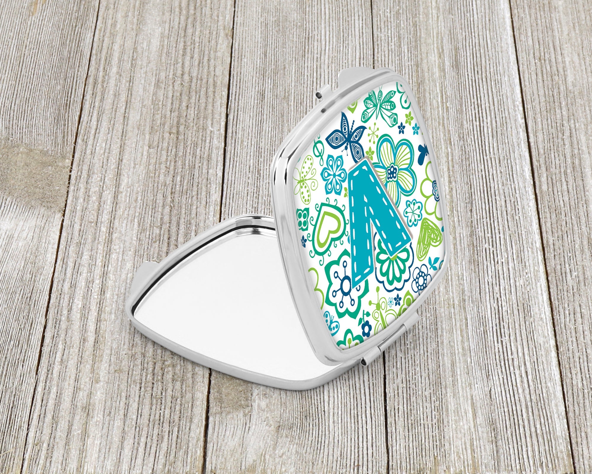 Letter V Flowers and Butterflies Teal Blue Compact Mirror Decorative Travel Makeup Mirror for Women Girls Gifts Pocket Makeup Mirror Folding Handheld