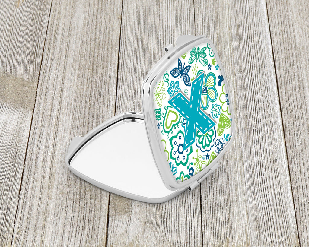 Letter X Flowers and Butterflies Teal Blue Compact Mirror Decorative Travel Makeup Mirror for Women Girls Gifts Pocket Makeup Mirror Folding Handheld