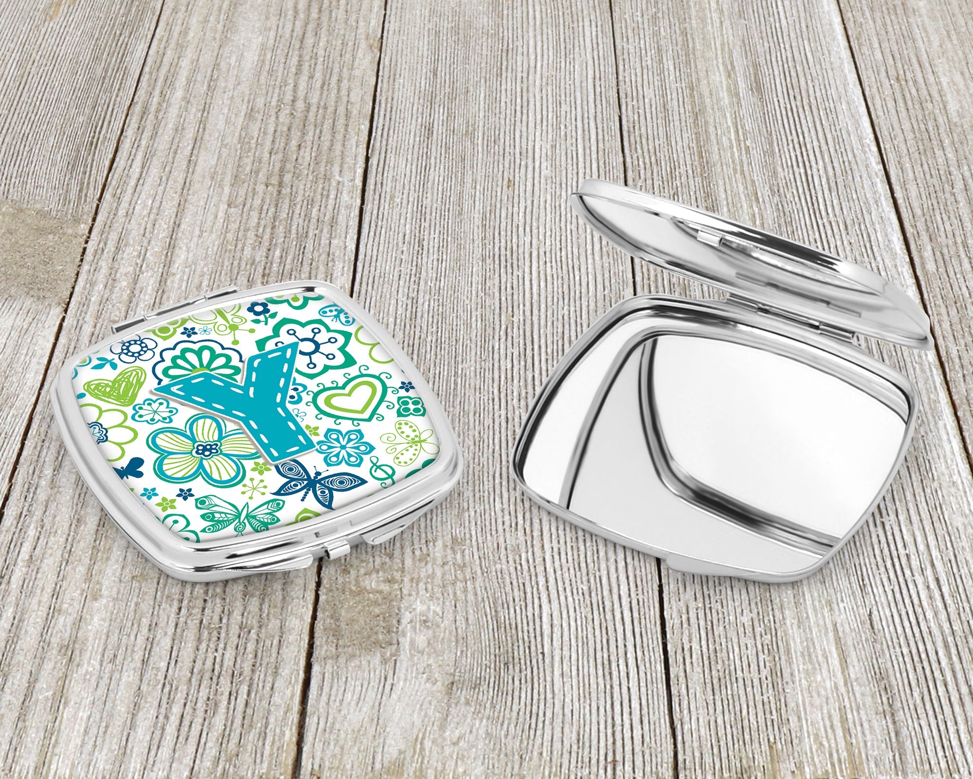 Letter Y Flowers and Butterflies Teal Blue Compact Mirror Decorative Travel Makeup Mirror for Women Girls Gifts Pocket Makeup Mirror Folding Handheld