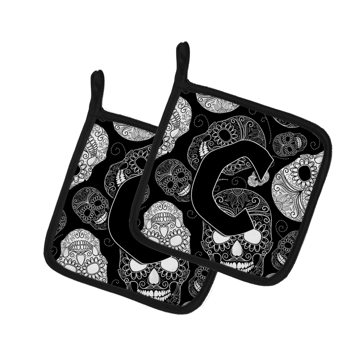 Letter C Day of the Dead Skulls Black Pot Holder Set of 2 Heat Resistant Quilted Hot Pads 7.5 x 7.5 Inch, Insulated Kitchen Trivets for Cooking & Baking