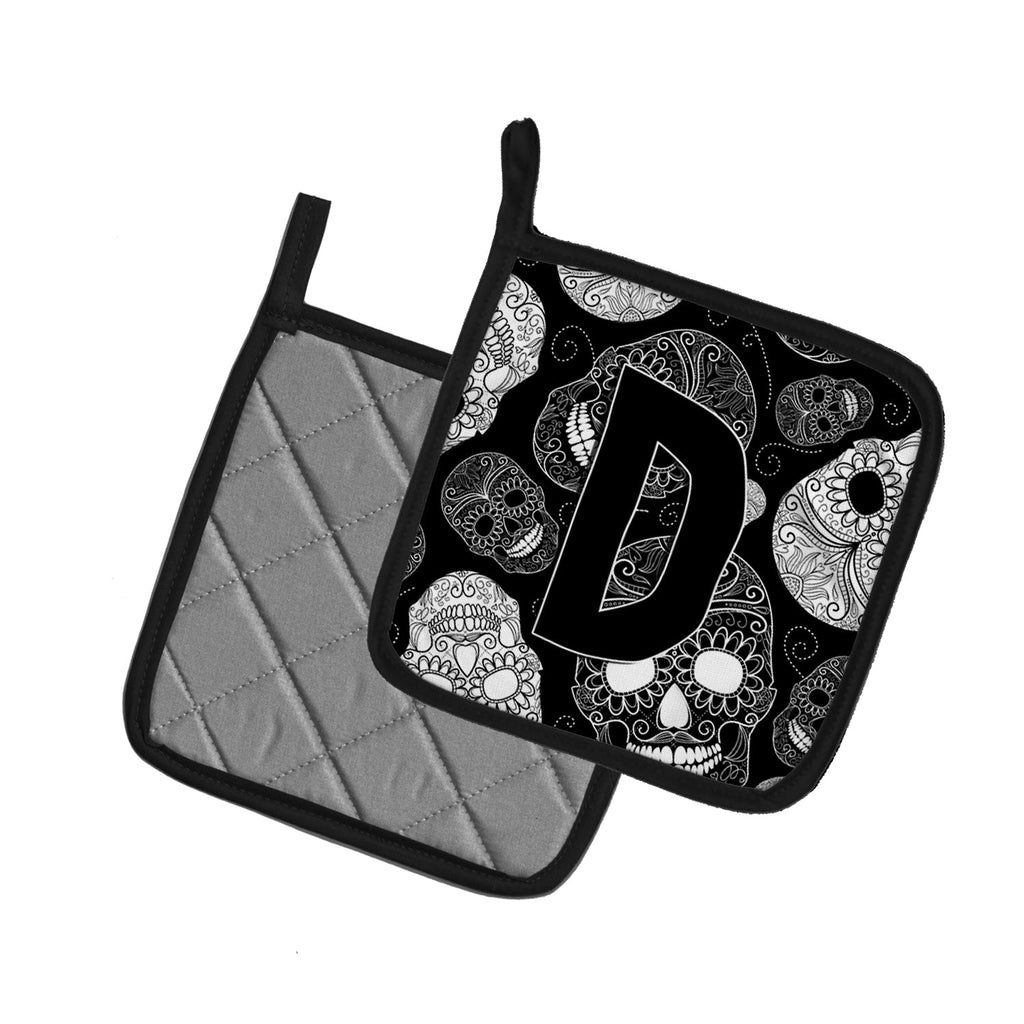 Letter D Day of the Dead Skulls Black Pot Holder Set of 2 Heat Resistant Quilted Hot Pads 7.5 x 7.5 Inch, Insulated Kitchen Trivets for Cooking & Baking