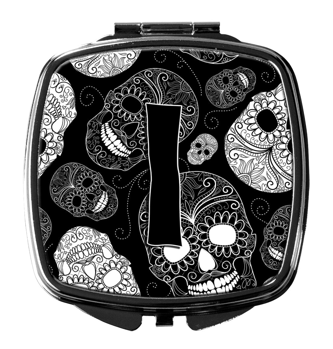 Letter I Day of the Dead Skulls Black Compact Mirror Decorative Travel Makeup Mirror for Women Girls Gifts Pocket Makeup Mirror Folding Handheld