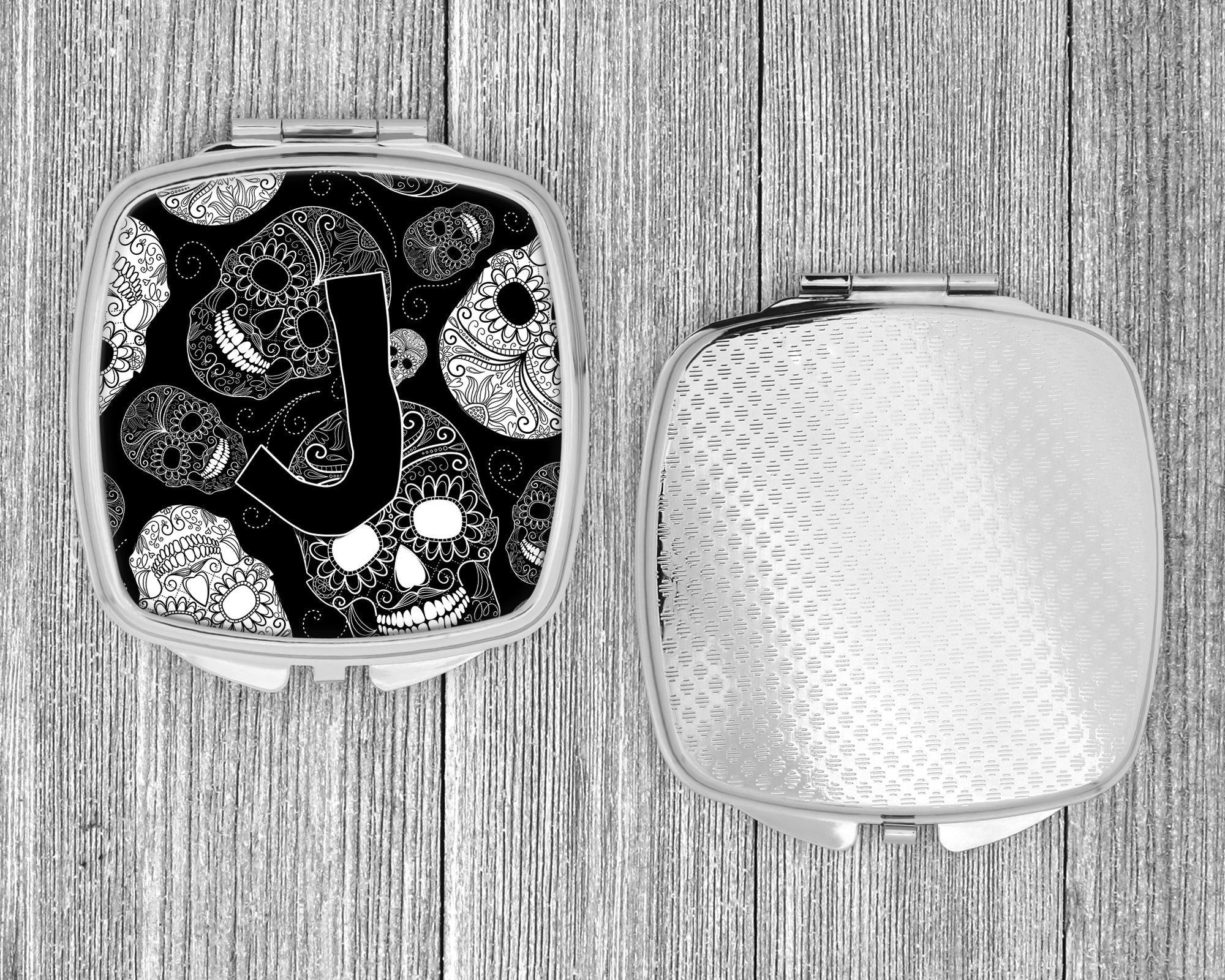 Letter J Day of the Dead Skulls Black Compact Mirror Decorative Travel Makeup Mirror for Women Girls Gifts Pocket Makeup Mirror Folding Handheld