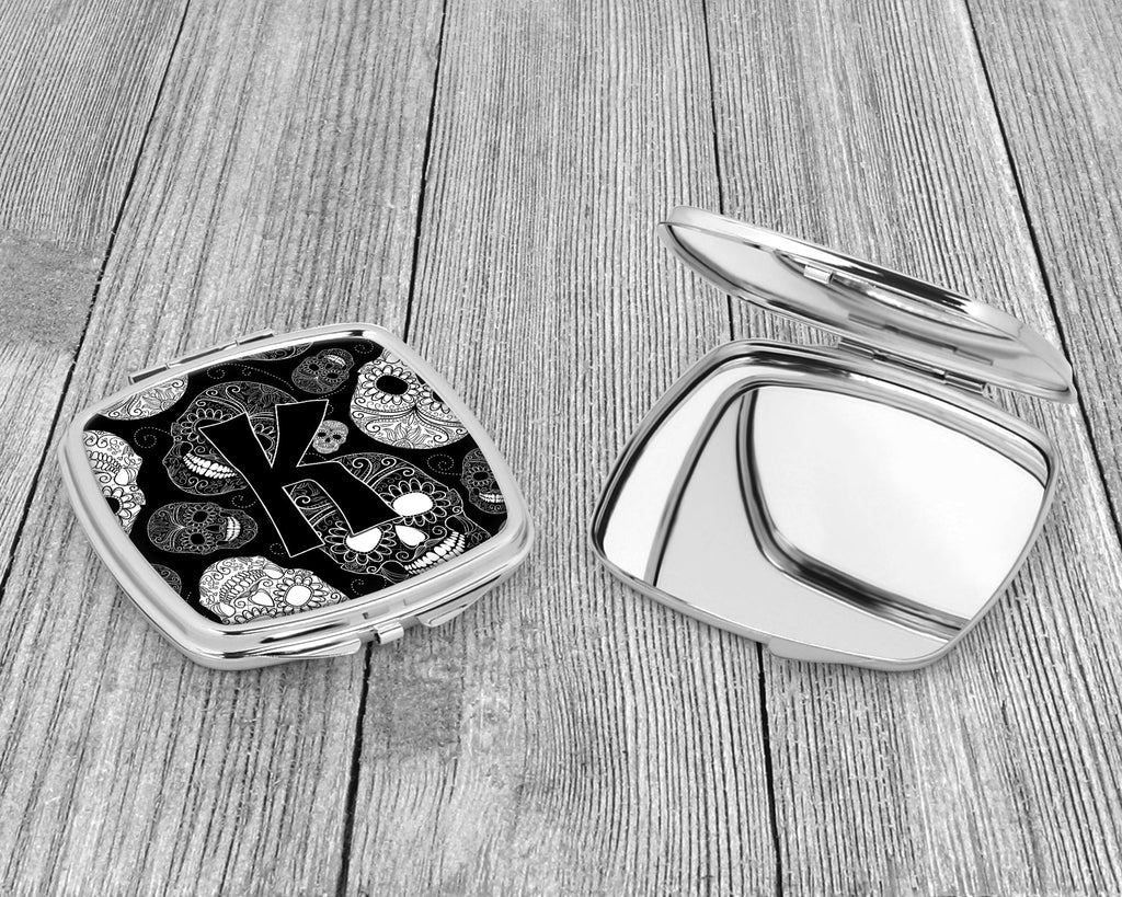 Letter K Day of the Dead Skulls Black Compact Mirror Decorative Travel Makeup Mirror for Women Girls Gifts Pocket Makeup Mirror Folding Handheld