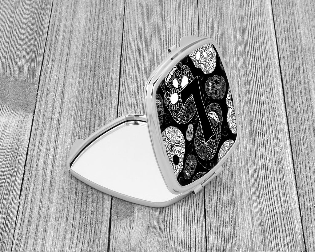 Letter L Day of the Dead Skulls Black Compact Mirror Decorative Travel Makeup Mirror for Women Girls Gifts Pocket Makeup Mirror Folding Handheld