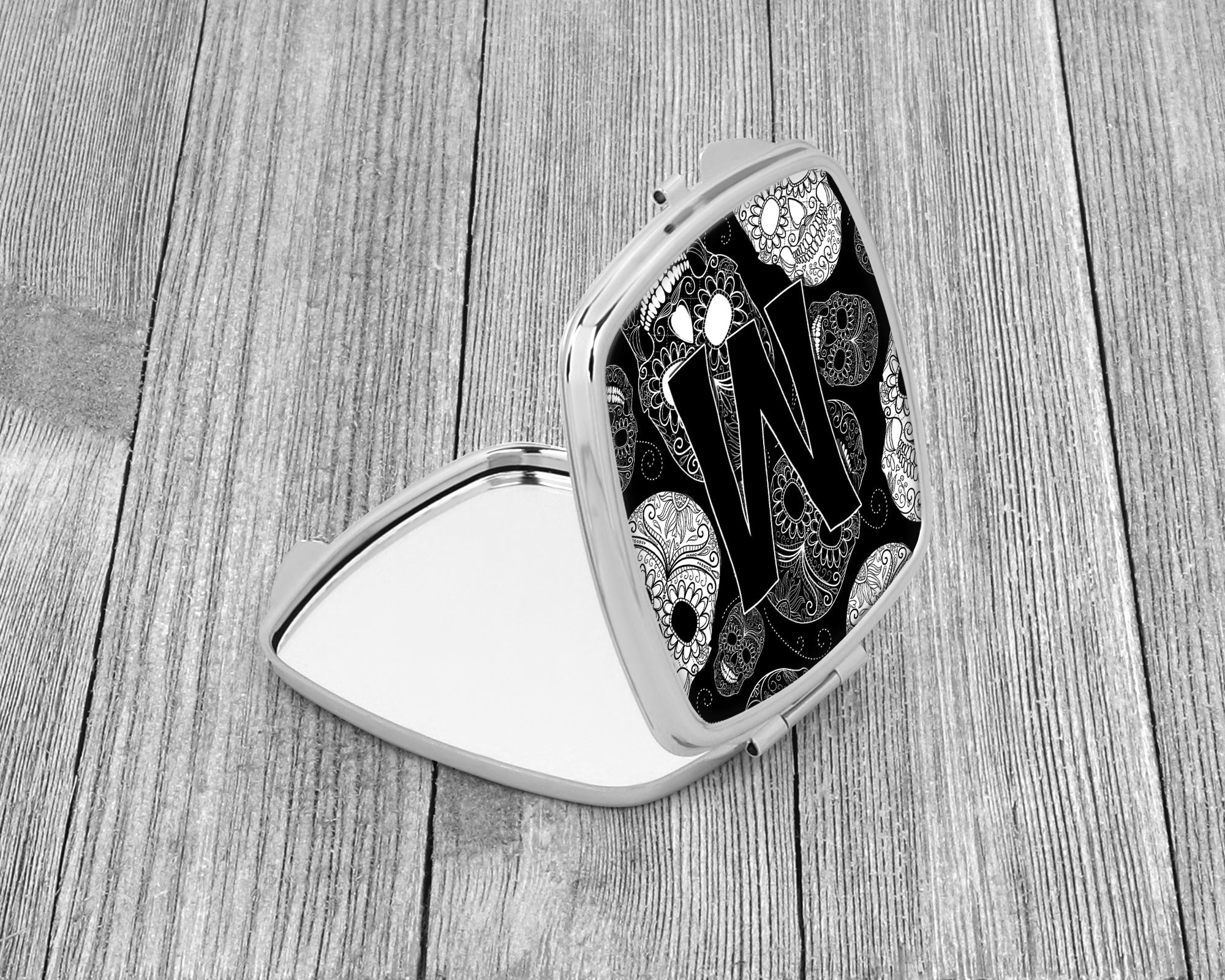 Letter M Day of the Dead Skulls Black Compact Mirror Decorative Travel Makeup Mirror for Women Girls Gifts Pocket Makeup Mirror Folding Handheld