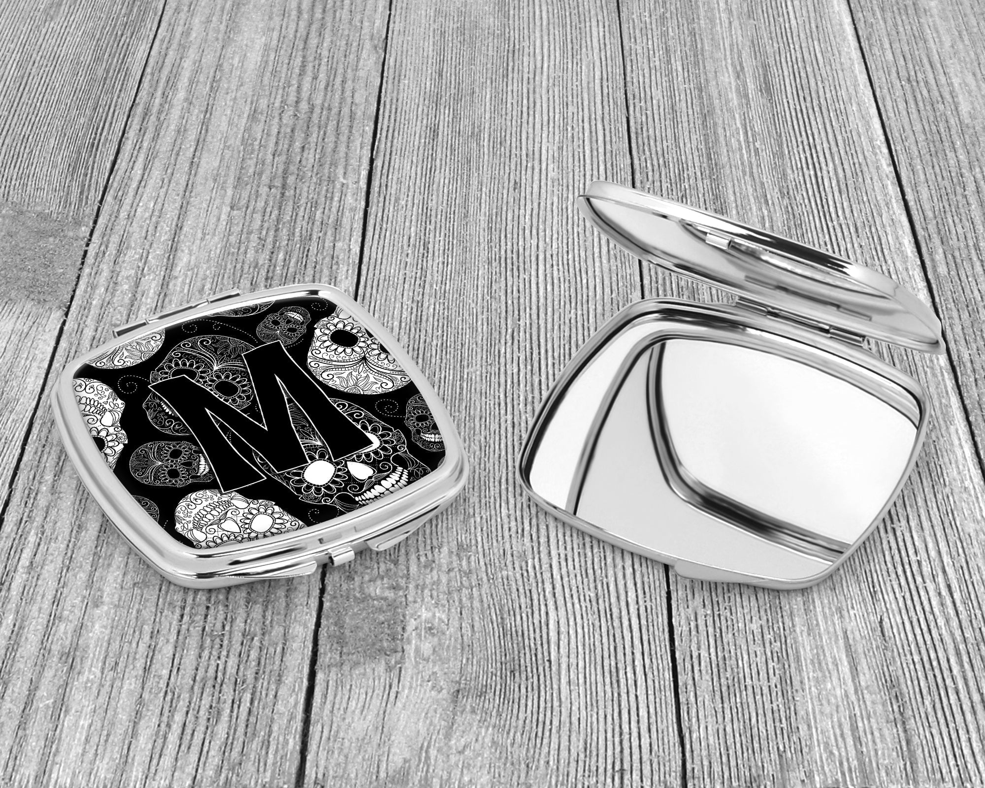 Letter M Day of the Dead Skulls Black Compact Mirror Decorative Travel Makeup Mirror for Women Girls Gifts Pocket Makeup Mirror Folding Handheld
