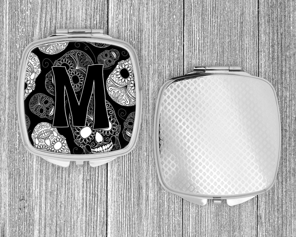 Letter M Day of the Dead Skulls Black Compact Mirror Decorative Travel Makeup Mirror for Women Girls Gifts Pocket Makeup Mirror Folding Handheld