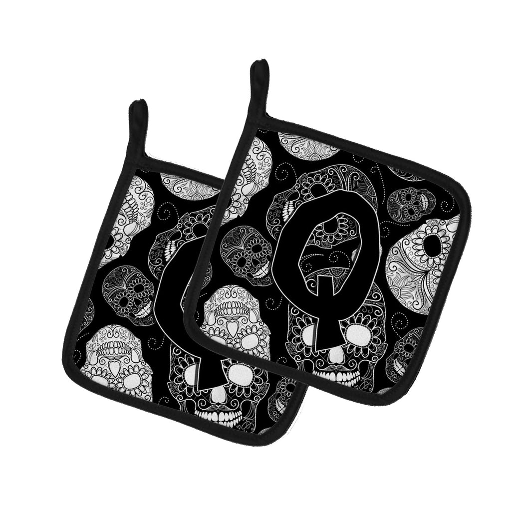 Letter Q Day of the Dead Skulls Black Pot Holder Set of 2 Heat Resistant Quilted Hot Pads 7.5 x 7.5 Inch, Insulated Kitchen Trivets for Cooking & Baking