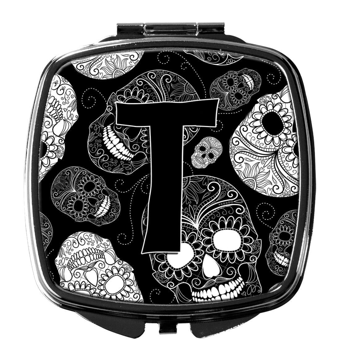 Letter T Day of the Dead Skulls Black Compact Mirror Decorative Travel Makeup Mirror for Women Girls Gifts Pocket Makeup Mirror Folding Handheld