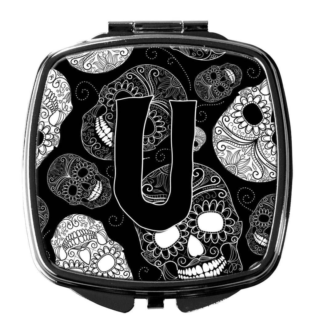 Letter U Day of the Dead Skulls Black Compact Mirror Decorative Travel Makeup Mirror for Women Girls Gifts Pocket Makeup Mirror Folding Handheld