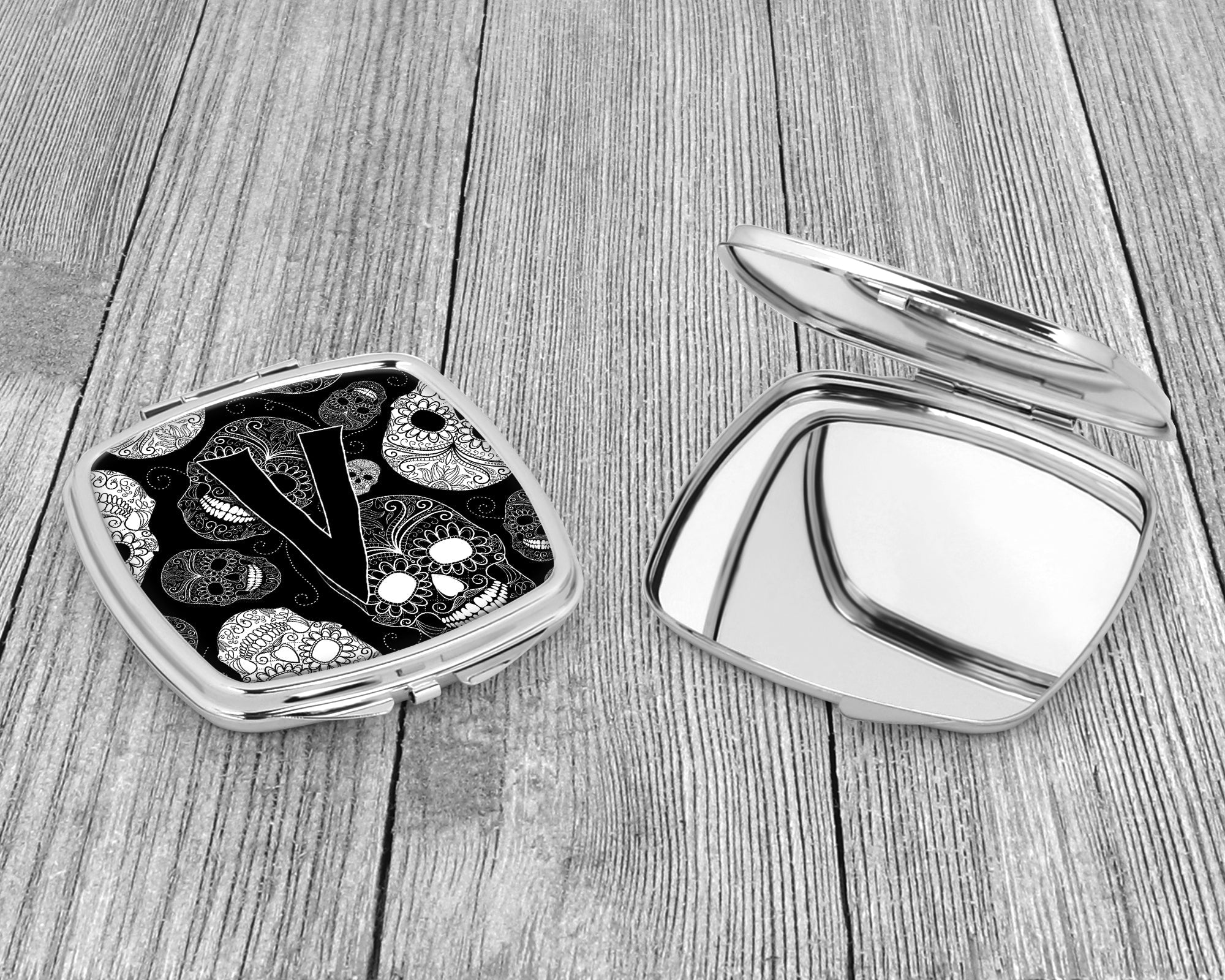 Letter V Day of the Dead Skulls Black Compact Mirror Decorative Travel Makeup Mirror for Women Girls Gifts Pocket Makeup Mirror Folding Handheld