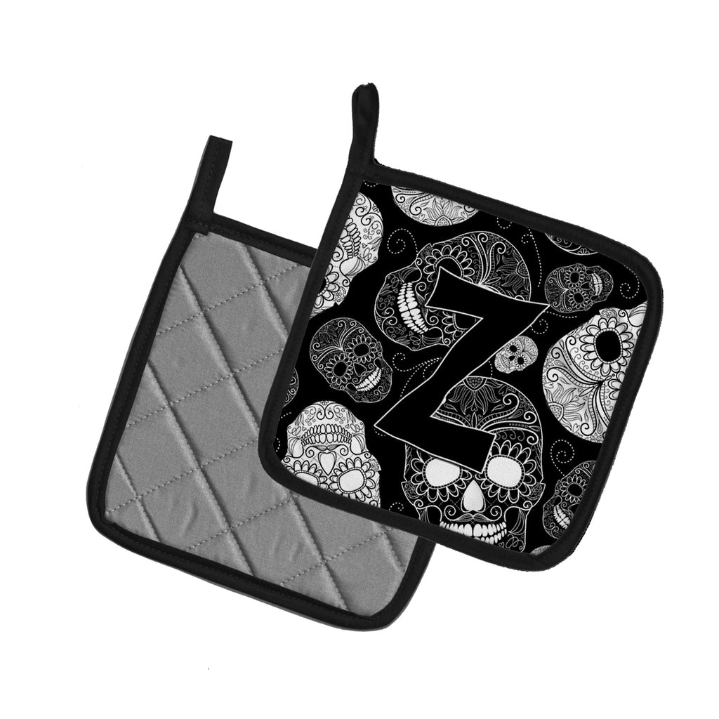 Letter Z Day of the Dead Skulls Black Pot Holder Set of 2 Heat Resistant Quilted Hot Pads 7.5 x 7.5 Inch, Insulated Kitchen Trivets for Cooking & Baking
