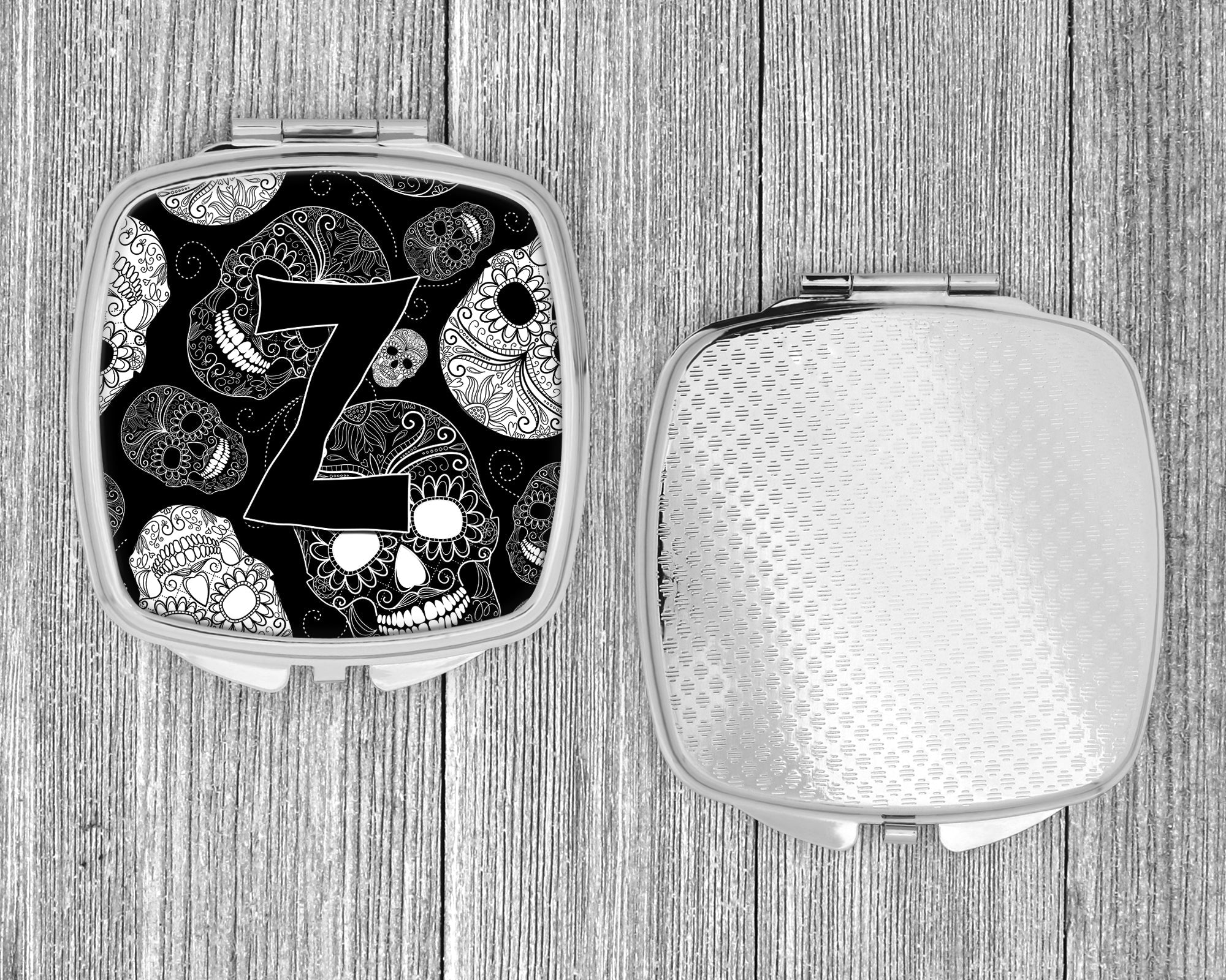 Letter Z Day of the Dead Skulls Black Compact Mirror Decorative Travel Makeup Mirror for Women Girls Gifts Pocket Makeup Mirror Folding Handheld