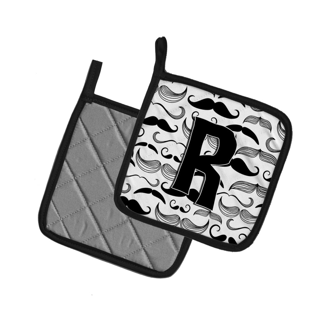 Letter R Moustache Initial Pot Holder Set of 2 Heat Resistant Quilted Hot Pads 7.5 x 7.5 Inch, Insulated Kitchen Trivets for Cooking & Baking