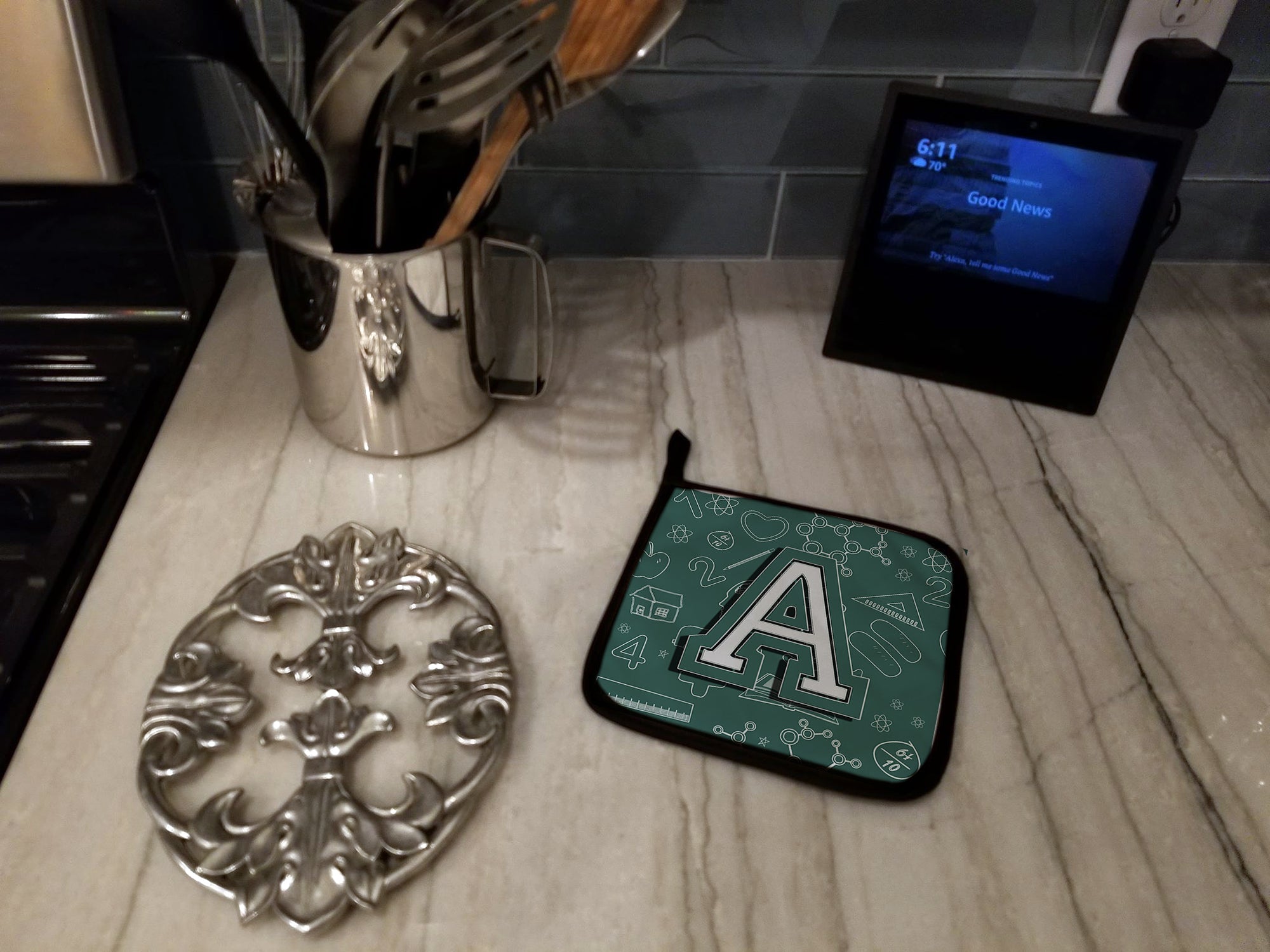 Letter A Back to School Initial Pot Holder Set of 2 Heat Resistant Quilted Hot Pads 7.5 x 7.5 Inch, Insulated Kitchen Trivets for Cooking & Baking