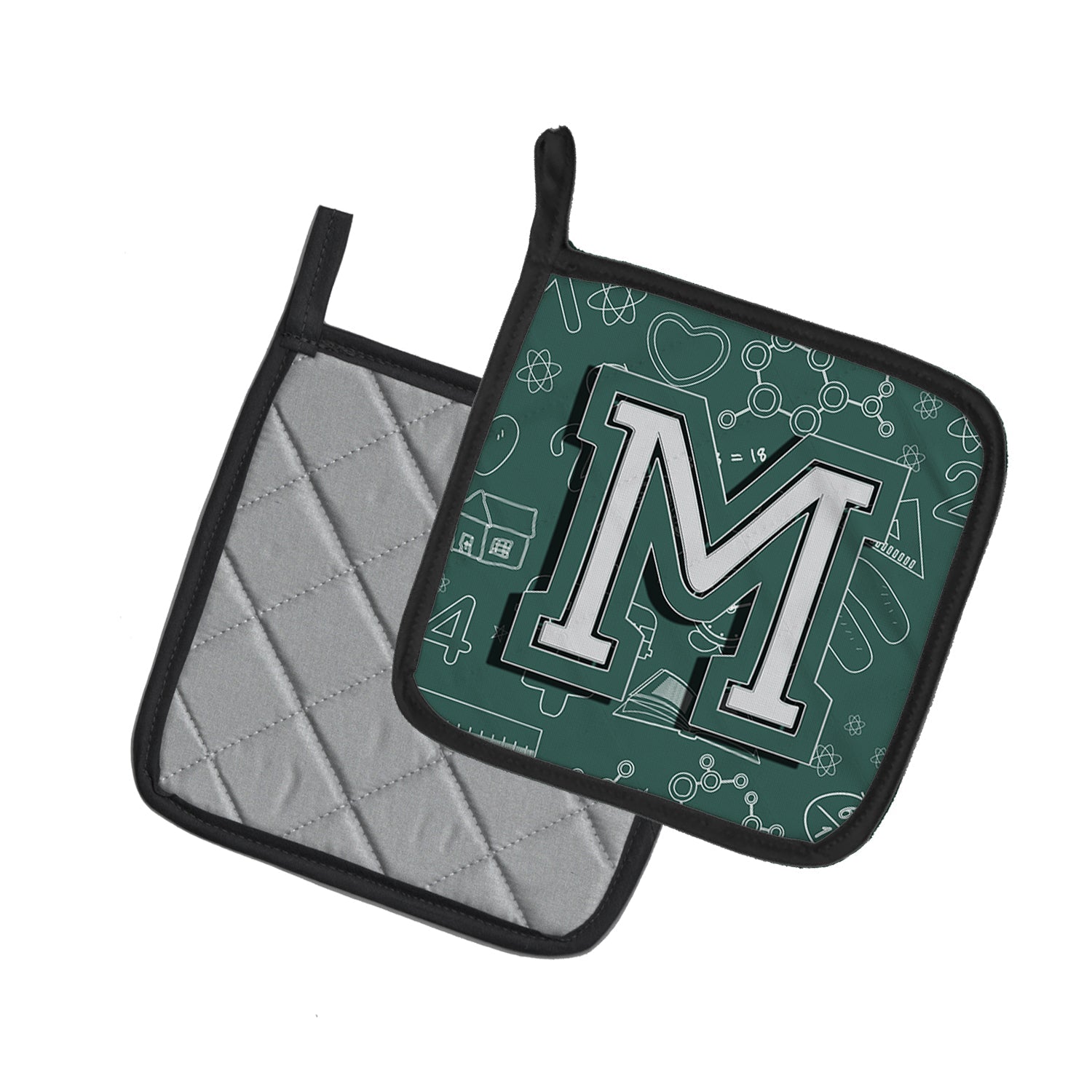 Letter M Back to School Initial Pot Holder Set of 2 Heat Resistant Quilted Hot Pads 7.5 x 7.5 Inch, Insulated Kitchen Trivets for Cooking & Baking