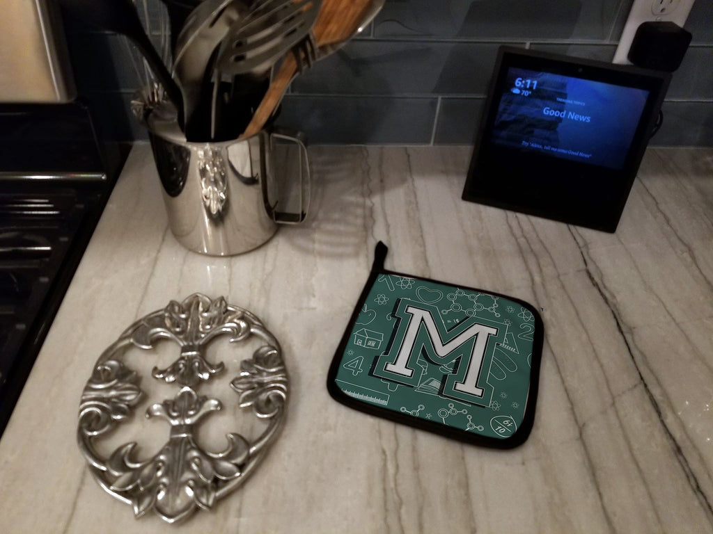 Letter M Back to School Initial Pot Holder Set of 2 Heat Resistant Quilted Hot Pads 7.5 x 7.5 Inch, Insulated Kitchen Trivets for Cooking & Baking